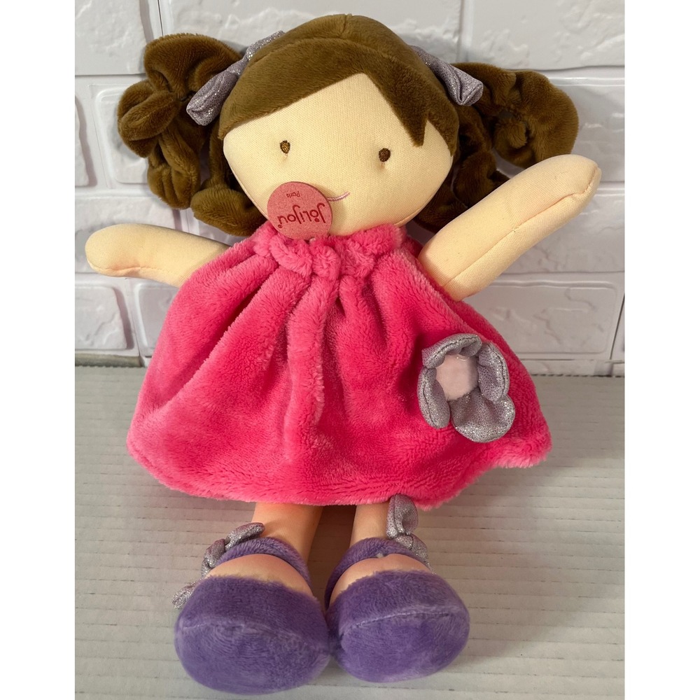 Jolijou Plush Rag Doll Kids 12" Pink Purple Soft Fleece Dress Silver Bows Paris